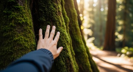 Hand Touching Mossy Tree Trunk in Sunlit Forest Symbolizing Nature Connection and Sustainability