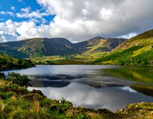Calm lake reflects majestic mountains under a dramatic, cloudy sky