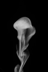 White smoke on black background. Monochrome, grayscale photography of illuminated incense. Moody feeling. Dark backdrop, graphic resource for montage, overlay or texture, copy space