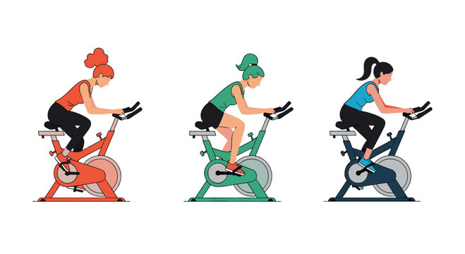 Group of women exercising on stationary bicycles in a fitness class. - Powered by Adobe