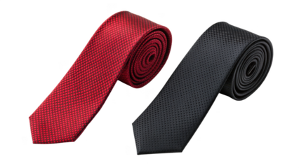 Two stylish ties isolated on transparent background, red and black with linen texture