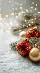 Elegant Christmas Ornaments on Snowy Background with Soft Lights