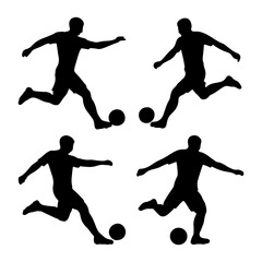 Silhouettes of soccer players kicking a ball in action poses