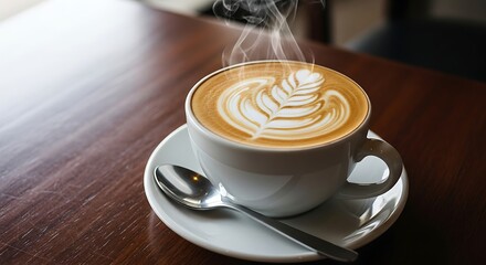 A cup of latte art with steam rising on a wooden table indoors