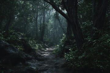 Fototapeta premium Dark forest path illuminated by soft light, showcasing lush vegetation and rugged terrain in a mysterious jungle setting at dusk
