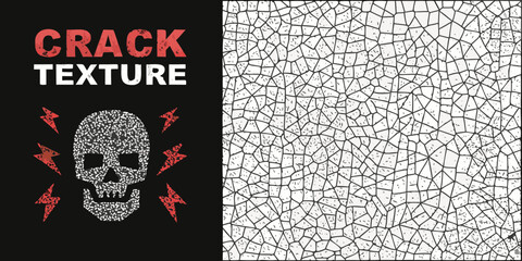 Distressed skull and crack texture design with lightning bolts on black background