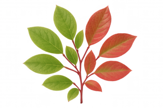 Branch of plant showing green leaves turning vibrant red during autumn season, transparent background