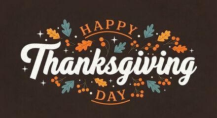 Happy thanksgiving day decorative lettering with autumn leaves and berries on a dark brown background, celebrating the harvest season and gratitude