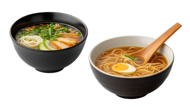 Two bowls of ramen isolated on transparent background, japanese noodle soup