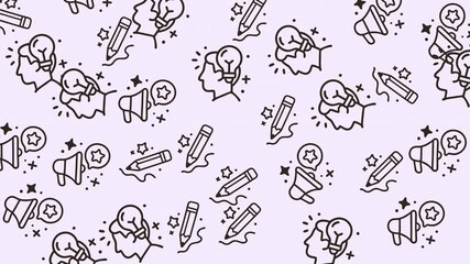 Seamless vector pattern featuring hand-drawn line icons symbolizing creative ideation, communication, and artistic expression, ideal for modern digital backgrounds and branding