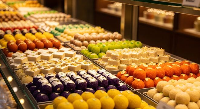 Display counter with colorful mithai neatly arranged