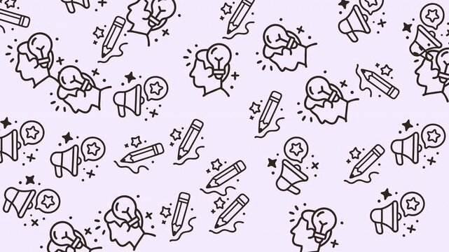 Seamless vector pattern featuring hand-drawn line icons symbolizing creative ideation, communication, and artistic expression, ideal for modern digital backgrounds and branding