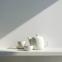 Fototapeta premium Minimalist White Teapot and Cups on Clean Surface with Soft Shadow