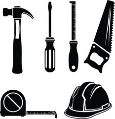 Monochrome Construction and DIY Tools Icon Set Vector | Hammer, Saw, Tape Measure, Screwdriver, and Hard Hat