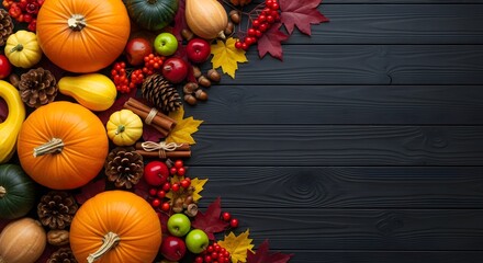A bountiful harvest of pumpkins, gourds, apples, pinecones, and autumn leaves arranged on a dark wooden background, evoking a sense of thanksgiving and fall
