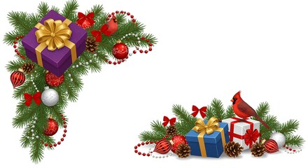 Festive Christmas Composition with Gifts Evergreen Branches and Cardinal Bird