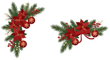 Festive Christmas Poinsettia and Pine Decorations Isolated on White Background