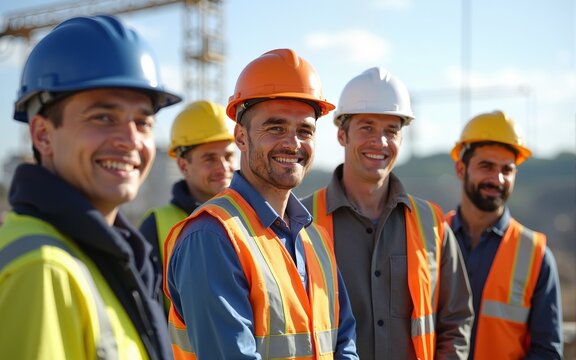 A group of smiling engineers and professionals wearing hard hats and helmets on a construction site. High quality