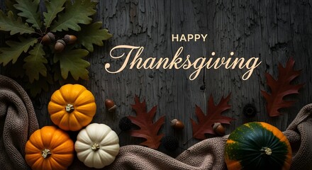 Happy thanksgiving greeting with pumpkins, autumn leaves, and acorns on a dark wooden background, evoking a festive harvest season atmosphere