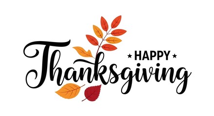 Happy thanksgiving text with autumn leaves, isolated on white background