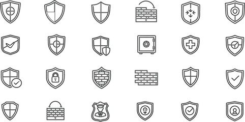 Professional Cybersecurity and Protection Line Icons Set with Shields, Firewall, and Safety Symbols
