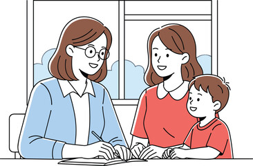 Positive Parent-Teacher or Client Meeting Vector Illustration | Female Consultant Signing Documents with Mother and Child