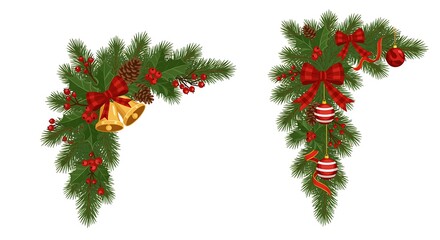 Festive Christmas Garland Corners for Holiday Decorations and Graphic Elements