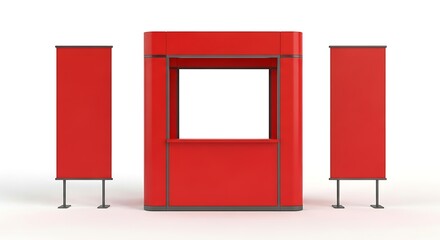 Vibrant Red Exhibition Stand Mockup with Blank Screen and Roll-up Banners.