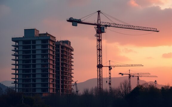 big crane and building construction against beautiful dusky sky. High quality