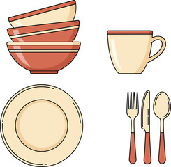 Tableware and Cutlery Set Flat Vector Illustration | Stacked Dishes, Coffee Mug, Fork, Knife, and Spoon
