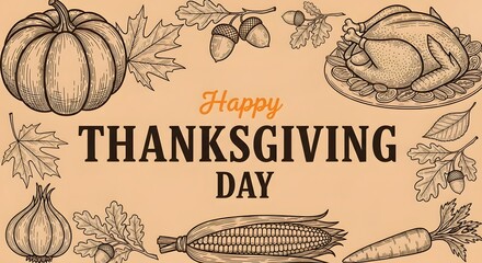 Happy thanksgiving day illustration with pumpkin, roasted turkey, corn, carrot, onion, acorns and autumn leaves