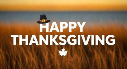 Happy thanksgiving text with a pilgrim hat and maple leaf on a blurred background of tall grass and water at sunset