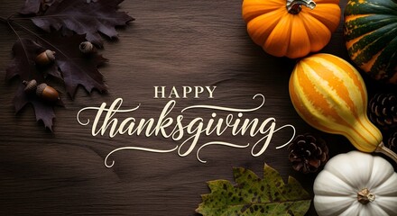 Happy thanksgiving text with autumn harvest elements like pumpkins and gourds on a rustic wooden background, celebrating the fall holiday season