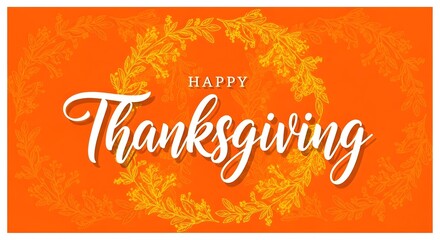 Happy thanksgiving text with a decorative wreath on an orange textured background, a festive holiday greeting for autumn celebrations and family gatherings