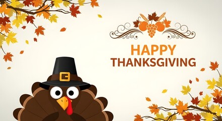 Happy thanksgiving greeting with a cartoon turkey wearing a pilgrim hat and autumn leaves
