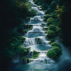 Cascading Waterfalls in a Dreamlike World, Dreamlike Waterfalls, Cascading Waterfalls, Serene Waterfall View, Waterfall Serenity, Peaceful Cascading Waters, Tranquil Waterfall Scene, Dreamy Water Flow