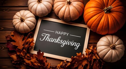 Happy thanksgiving message on a chalkboard surrounded by pumpkins and autumn leaves on a rustic wooden background, celebrating the fall harvest season