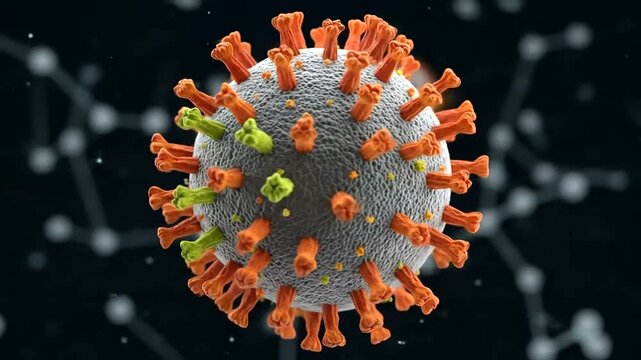 Microscopic view of a virus with spike proteins on a dark background.