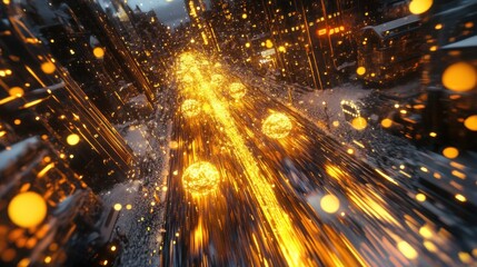 Naklejka premium A river of molten gold flowing through a snowy, futuristic city street, reflecting neon Christmas lights, high angle view