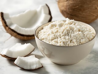 Bright and healthy baking shot of a bowl of coconut flour with fresh, cracked coconut pieces, highlighting a nutritious, gluten-free baking alternative.