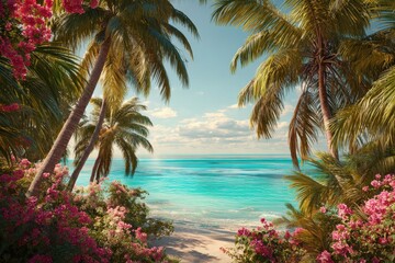Fototapeta premium Tropical beach view showcasing lush palm trees and vibrant flowers under a clear sky
