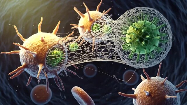 Immune cells capture and fight invading viruses within the bloodstream.