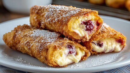 Crispy fried pastries filled with sweet cream cheese and tart cherries, dusted with powdered sugar