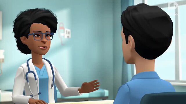 An animated female doctor consults with a male patient in a modern medical office.