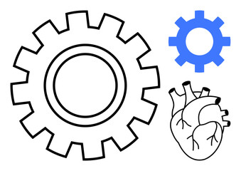 Large black outline gear, small blue gear, anatomical heart sketch. Ideal for technology, medicine, innovation, teamwork, engineering health human-machine connection. Simple flat metaphor