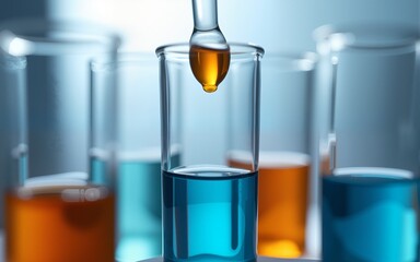 Closeup of test tubes with orange or blue liquid. Dropping glass with an orange drop above. Testing laboratory, SARS-CoV-2 test, chemical testing facility, medical testing. High quality
