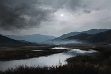 Fototapeta premium Mysterious evening landscape with misty river winding through mountains under a dim sky illuminated by the moon
