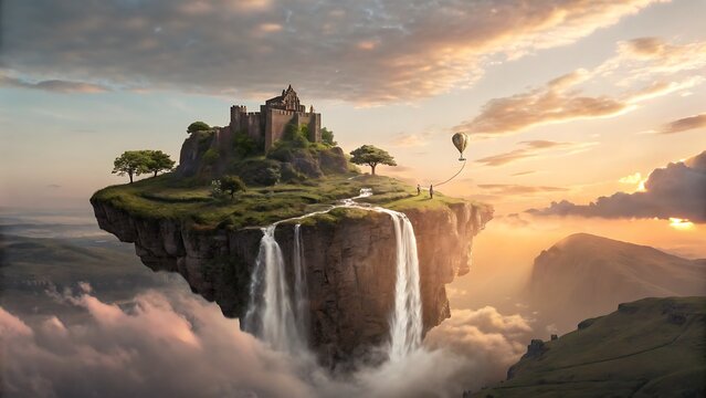 A floating island with a medieval castle atop, cascading waterfalls, and a hot air balloon against a dramatic sunset sky, a surreal fantasy landscape