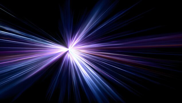 Abstract burst of luminous violet and blue light streaks radiating outward against a deep black background