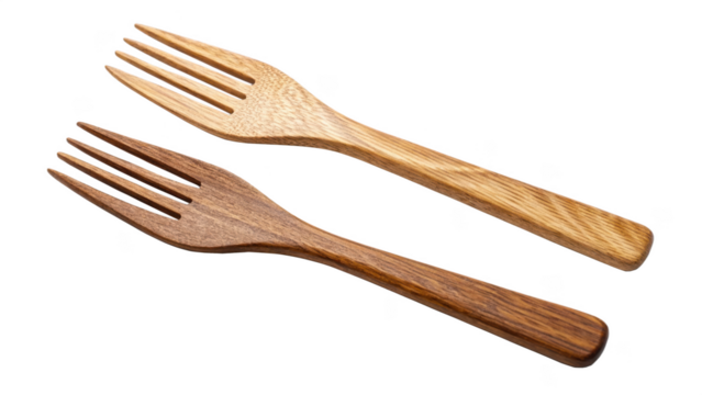 Two wooden forks isolated on transparent background, light and dark wood color